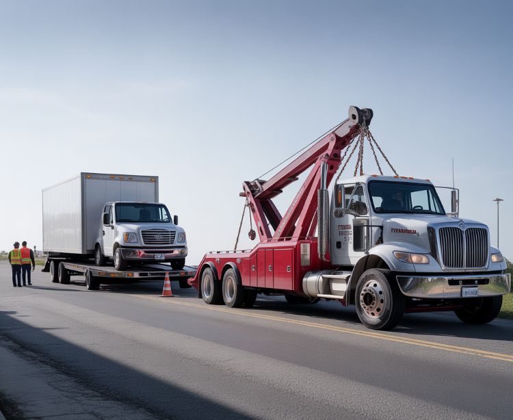 Heavy-duty rotator tow truck loading a commercial box truck onto a flatbed during roadside recovery service in Pensacola, Florida.