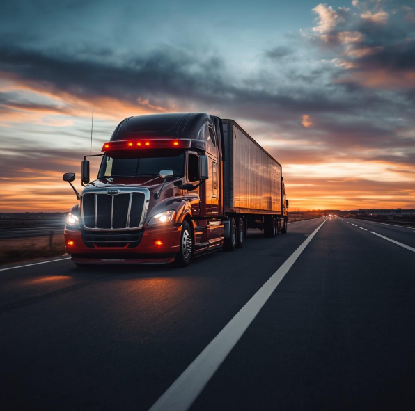 Black semi-truck driving on a highway at sunset, representing DOT-compliant heavy-duty towing and commercial truck roadside assistance services in Florida.