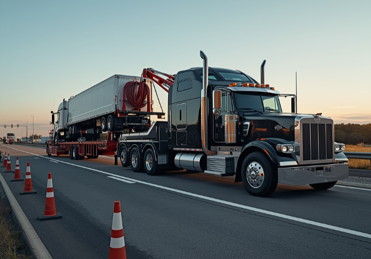 Heavy-duty tow truck recovering a disabled semi-truck on the highway in Pensacola, Florida