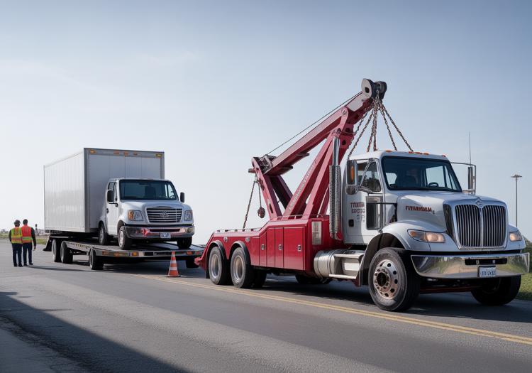 Heavy-duty rotator tow truck loading a commercial box truck onto a flatbed during roadside recovery service in Pensacola, Florida.