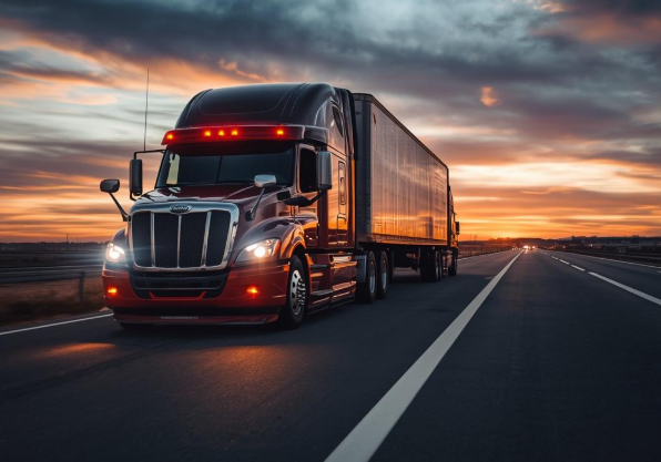 Black semi-truck driving on a highway at sunset, representing DOT-compliant heavy-duty towing and commercial truck roadside assistance services in Florida.